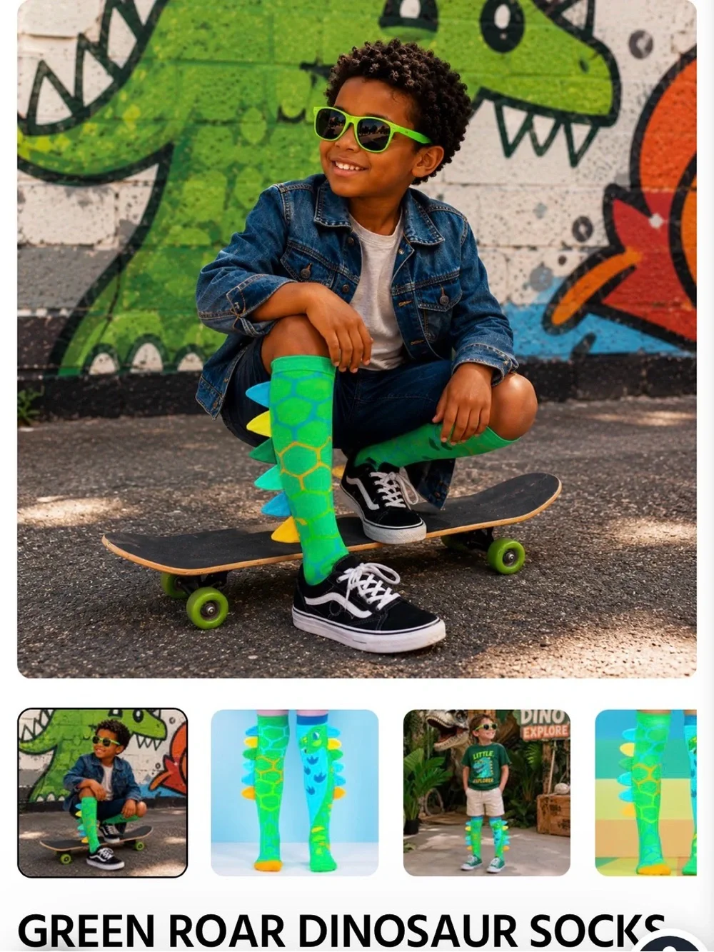 Green Roar Dinosaur Knee-High Socks for Kids